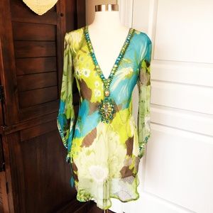 Bohemian Beaded Crystal Beach Cover Up Tunic / Beaded Mini Mesh Dress